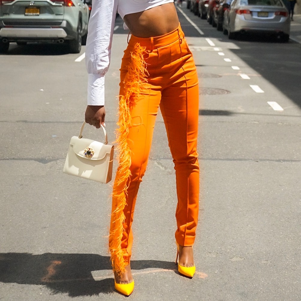 HANIFA AVA PANT (with ostrich feathers down right leg)